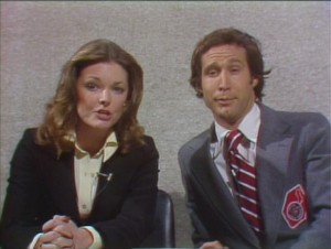 Jane Curtin and Chevy Chase on SNL's "Weekend Update." (Credit: NBC)